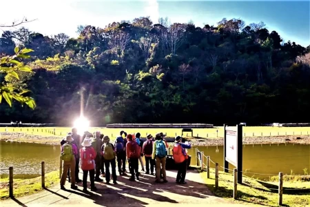 頼朝が義経と藤原一族の供養のため建立した永福寺の旧跡。池の先に三堂の基石が発掘・整備されている。