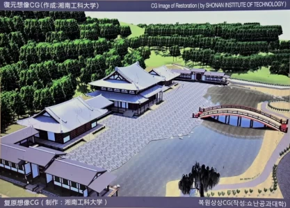 QRコードをスマホにかざすと専用アプリがインスト-ルされ、往時の永福寺三堂のCG画像が楽しめる。