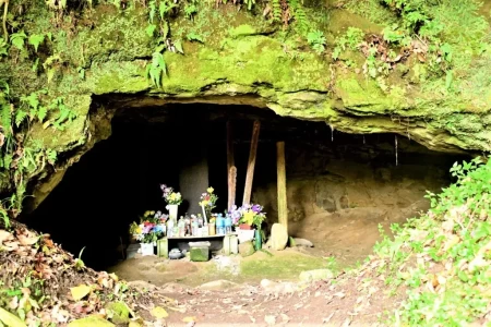 右隣の高台にある北条義時法華堂跡近くに、北条勢に敗れ、法華堂前で自害して果てた三浦一族250人超の亡骸を火葬にして埋葬したと伝わる「三浦やぐら」。